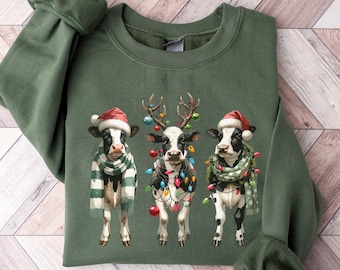 Cow Christmas Sweatshirt, Farm Animal Holiday Crewneck