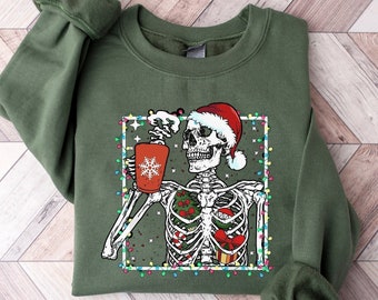 Christmas Skeleton Coffee Sweatshirt, Holiday Crewneck