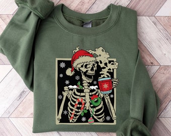 Dead Inside Skeleton Christmas Sweatshirt, Coffee Lover Christmas Gift, Merry Christmas Shirt, Fall Sweater, Coffee Christmas Shirt,Xmas Tee