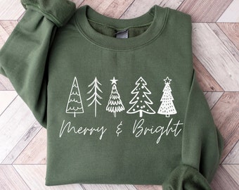 Merry & Bright Christmas Trees Sweatshirt, Holiday Sweater