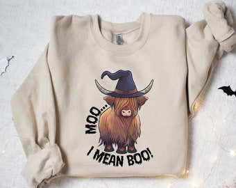 Moo I Mean Boo Sweatshirt, Halloween Highland Cow Crewneck