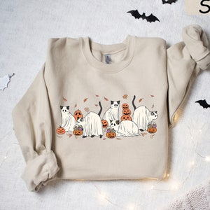 Halloween Ghost Cat Sweatshirt, Cat Halloween Sweatshirt, Cute Cats Halloween Shirt, Ghost Black Cat Shirt, Spooky Season Ghost Cats T-shirt