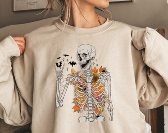 Halloween Skeleton Sweatshirt, Floral Skeleton Shirt, Womens Halloween Shirt, Floral Skull Shirt, Witchy Sweater, Halloween Crewneck Sweater