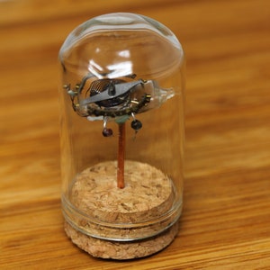 Bug made from Vintage Watch Parts, Tiny Lightbulb, Glass Cloche ~ Handcrafted