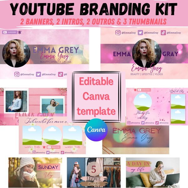 Kit de marque Youtube, Bannières de chaînes roses, Modifiable, Personnaliser le modèle Canva, INTOS, OUTROS, THUMBNAILS, vlog