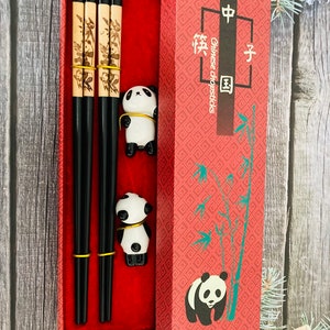Panda Chopsticks Set: Engraved Wooden Chopsticks with Ceramic Rests Valentine's present