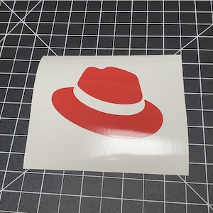 May include: Red fedora hat with a white band. The hat is a simple, flat design.