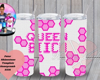 May include: Three pink and white stainless steel tumblers with a honeycomb pattern and the words "Queen B" in pink.