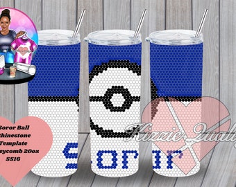 May include: Three 20oz stainless steel tumblers with a honeycomb design. The tumblers are blue, white, and black with a Pokeball design on the middle tumbler. The tumblers are labeled "Soror Ball" and are for rhinestone application.