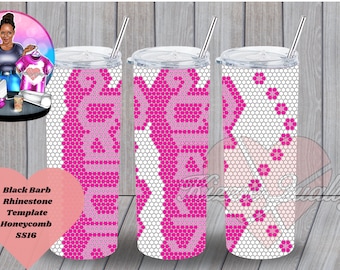 May include: Three pink and white patterned stainless steel tumblers with lids and straws. The tumblers have a honeycomb design with pink accents.