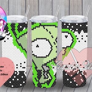 May include: Three 20oz stainless steel tumblers with a black and white honeycomb pattern and a green cartoon character. The tumblers are decorated with rhinestones. The text "Doom Rhinestone Template Honeycomb 20oz SS16" is on a pink heart.