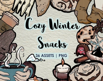 Cozy Winter Snacks Asset Pack | PNG Transparent | Colored Files and Line Work | 36 Assets