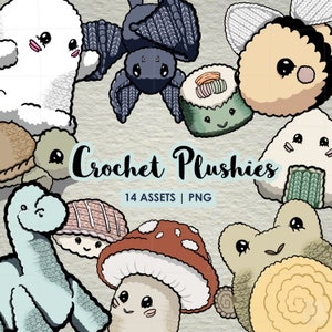 Gehaakte knuffelillustraties Asset Pack van 14 PNG's voor kleine bedrijven en haakliefhebbers