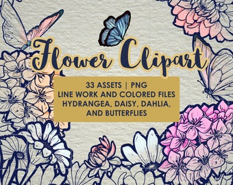 Hydrangea, Dahlia, Daisy, and Butterfly Clip Art Asset Pack | PNG Transparent | Line work and Colored Files | 33 Assets