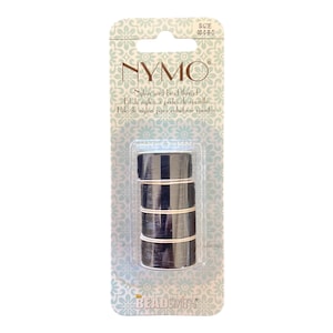 May include: A package of black nylon bead thread, size 00080, by NYMO. The package is on a white background with a blue and white floral pattern.