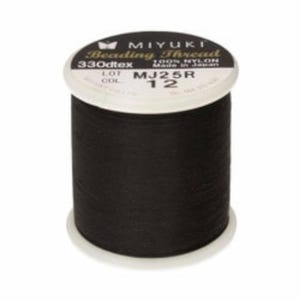 May include: A spool of black Miyuki beading thread. The label reads "MIYUKI Beading Thread" and includes details like "330dtex", "100% Nylon", and "MJ25R 12". The thread is wound on a white spool with a black core.