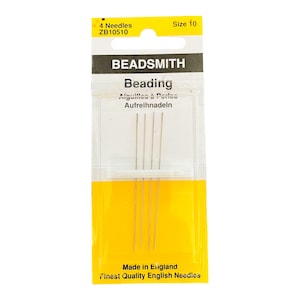 May include: Pack of four size 10 beading needles, labelled "Beadsmith Beading" with the text "Alguliles à Parles Aufreihnadein" and "Made in England Finest Quality English Needles".