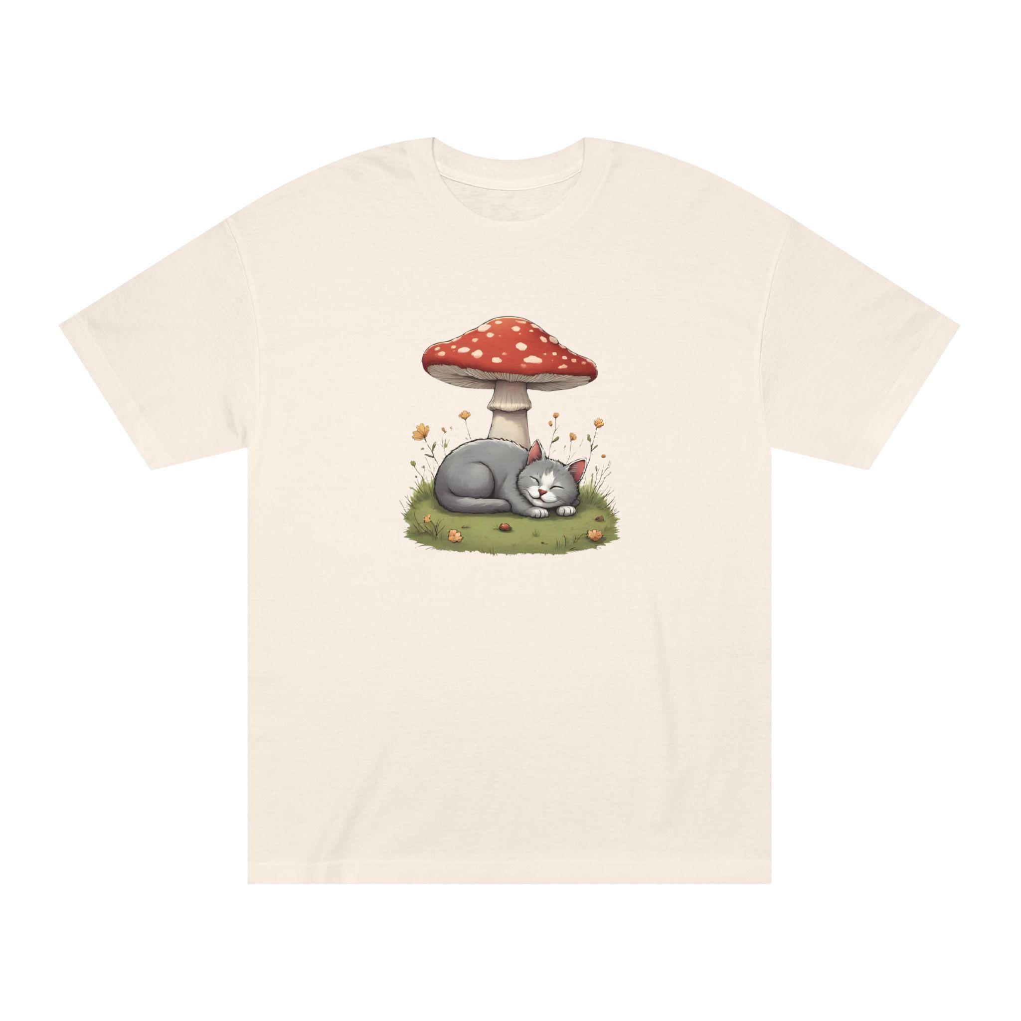 Cute Cat & Mushroom Unisex Tee, Gift for Botanical Cat Lovers, Cozy Casual Wear, Nature Vibes, Cottagecore Aesthetic Tee