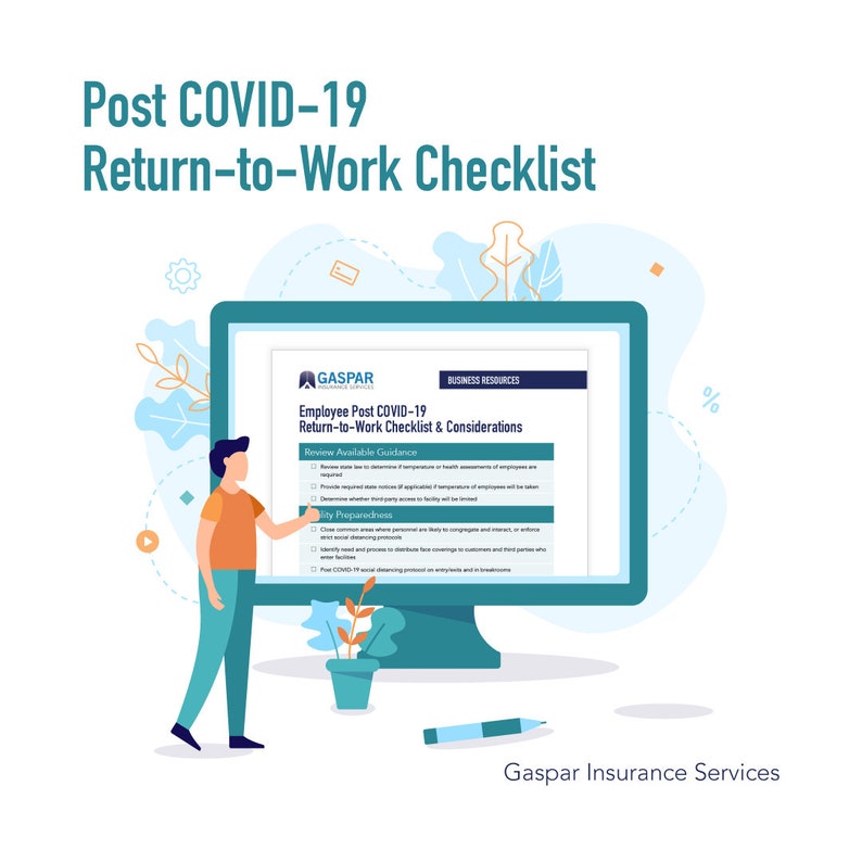 Pu&ograve; includere: Un elenco di controllo per il ritorno al lavoro dopo COVID-19. L'elenco di controllo &egrave; intitolato "Employee Post COVID-19 Return-to-Work Checklist & Considerations" e include sezioni per rivedere le linee guida disponibili e la preparazione del sito.