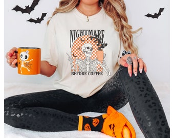 Cauchemar avant le café, sweat-shirt d’Halloween rétro, chemises d’Halloween vintage, tee-shirt de fête d’Halloween, cauchemar, café MAMA, cadeau pour elle