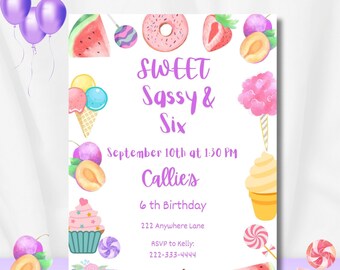 Sweet Sassy Six Birthday Invitation: Candy Theme (5x7) (Instant Download)