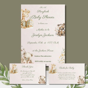 Verhalenboek babyshower uitnodigingsbundel - nieuw hoofdstuk-INSTANT DOWNLOAD-boek thema babyshower-neutrale kleuren-boekkaart-bedankkaart
