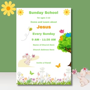 Convite para a Escola Dominical-DOWNLOAD INSTANTÂNEO-5x7-Editável-Para impressão-culto religioso para crianças-Escola bíblica-Escola Dominical-Igreja para crianças-primavera