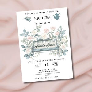 Invitation tea party-5 x 7-modifiable-imprimable-téléchargement instantané-bridal shower-dames part-tea-collecte de fonds-anniversaire-toute occasion-jardin thé
