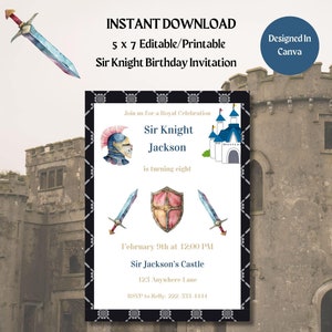 Sir Knight Birthday Invitation- INSTANT DOWNLOAD- 5x7-Knight theme birthday-Little Knight-Medieval Knight Birthday-boys birthday-Royal