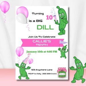 Pickle Birthday Invitation: Big Dill Theme, Pink (5x7, Instant Download)