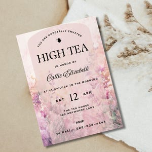 Invitation tea party-5 x 7-modifiable-imprimable-téléchargement instantané-fête nuptiale-dames - collecte de fonds-anniversaire-toute occasion-floral-rose