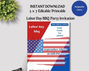 Labor Day BBQ Party Invitation: Red White & Blue, 5x7 (Editable Printable Template)