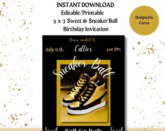 Editable Sneaker Ball Sweet 16 Invitation: Black and Gold (5x7, Instant Download)