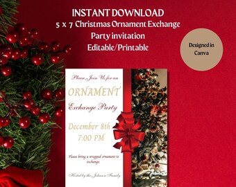 Ornament Exchange Invitation-Holiday ornament Exchange-Editable-Printable-INSTANT DOWNLOAD-Christmas Ornament Exchange-red-green-5x7