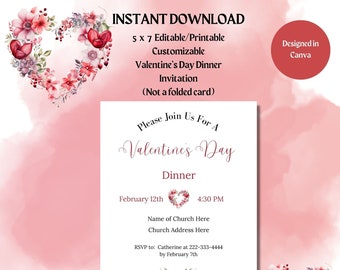Editable Valentine's Day Dinner Invitation-5x7-INSTANT DOWNLOAD-Church Valentine Party- Valentine's Day Dinner-Valentine Party-pink hearts