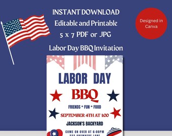 Labor Day BBQ Party Invitation: Red, White, and Blue (5x7 Editable Template, Instant Download)