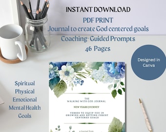 Walking With God Journal-INSTANT DOWNLOAD- Guided questions-Christian planner-prayer-goal journal--printable-religious-bible study-floral