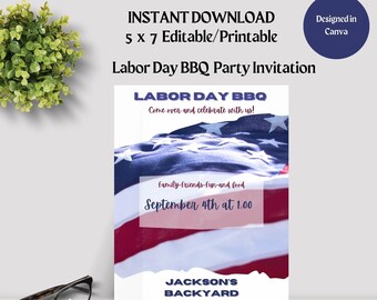 Labor Day BBQ Party Invitation: Red, White, and Blue (5x7 Editable Template, Instant Download)