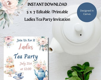 Ladies High Tea Party Invitation-Editable Template-INSTANT DOWNLOAD-Printable -5x7, womens event-for women-floral-tea-elegant-blue and pink