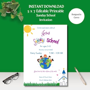 May include: Printable 5x7 Sunday School invitation with a colourful illustration of children holding hands around the globe. The text reads "Come and Learn about Jesus Sunday School for ages 3-12 (Nursery care provided) Every Sunday 9 AM - 11:30 AM Jesus loves the little children of the world Name of Church Here Church Address Here"
