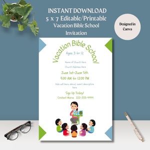Convite para Escola Bíblica de Férias-DOWNLOAD INSTANTÂNEO-5x7-Editável-Imprimível-Evento VBS-igreja para crianças-Escola Bíblica-Escola Dominical-religiosa
