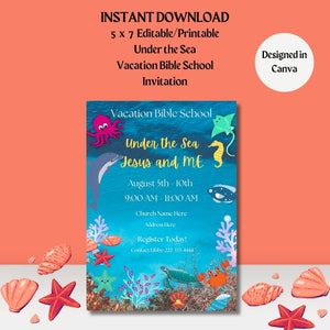 Under the Sea Vacation Bible School Invitation-INSTANT DOWNLOAD-5x7-Editable-Printable- VBS-Bible school-Sunday School-Jesus stories