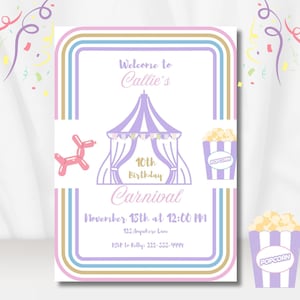 Pastel Carnival birthday invitation-Carnival theme-INSTANT DOWNLOAD-5x7-Editable- Printable- Girls birthday-Pastel-Carnival tent invitation