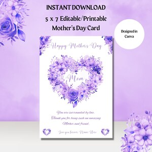 Bewerkbare-afdrukbare Moederdagkaart voor moeder-Inspirerende boodschap voor moeder- 5x7-INSTANT DOWNLOAD-Paarse bloemen-harten-mei-Moederdag-voor haar