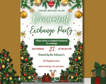 Christmas Ornament Exchange-Ornament Exchange Invitation-Holiday party-Editable-INSTANT DOWNLOAD-Christmas party-gift exchange-Christmas-5x7