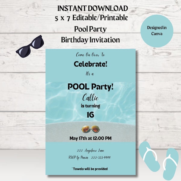 Pool Party Birthday Invitation-5x7-INSTANT DOWNLOAD-editable-printable-sweet sixteen-any age-summer birthday-teenager birthday-fun birthday