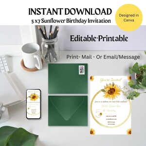 Editable Sunflower 5th Birthday Invitation-INSTANT DOWNLOAD-5x7-Printable-age 5-Sunflower theme- Canva template-Girls birthday-flower-yellow
