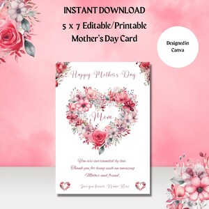 Bewerkbare-afdrukbare Moederdagkaart voor moeder-Inspirerende boodschap voor moeder- 5x7-INSTANT DOWNLOAD-Roze en rode harten-mei-Moederdag-voor haar