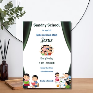 Bearbeitbare Sonntagsschuleinladung-INSTANT DOWNLOAD-5x7-Printable-Gottesdienst für Kinder-Bibelschule-Sonntagsschule-Kirche für Kinder-VBS