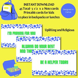 45 Lunchbox Notizkarten- Back to School-INSTANT DOWNLOAD-3 1/2 x 2 Ermutigende-Erhebende-Religiöse-Notizen für Mittagessen oder Rucksäcke-blau-grün